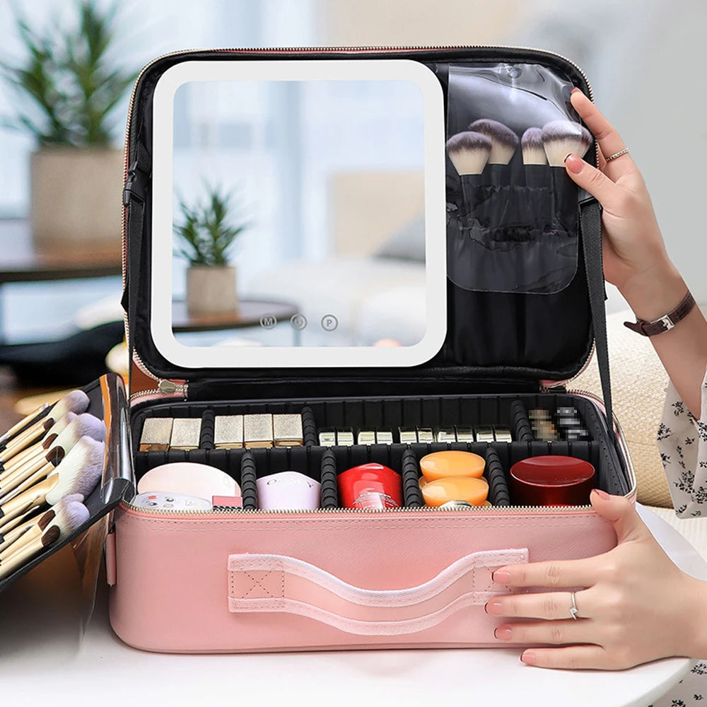 Professional Pu Leather Handle Makeup Make up Travel  Brush Storage Box  Bins Case Mirror Cosmetic Box With Handle