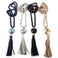 Women Long Ethnic Necklace Grey Crystal Glass Beads Necklace Round Crystal Leather Tassel Necklace