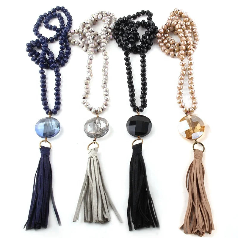 Women Long Ethnic Necklace Grey Crystal Glass Beads Necklace Round Crystal Leather Tassel Necklace