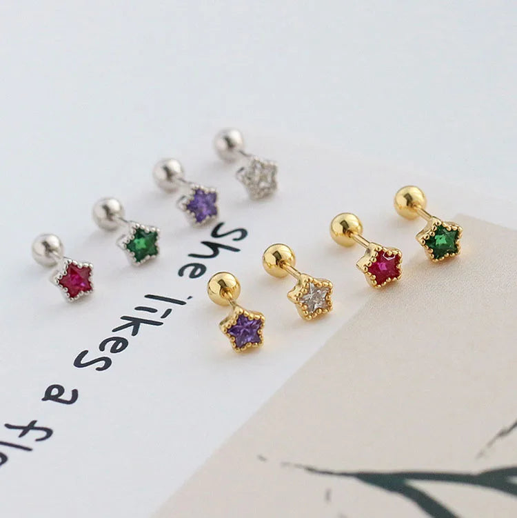 Mini 925 Sterling Silver Colorful CZ Diamond Star Cartilage Earrings Dainty Star Zircon Screw Back Studs Earrings for Girls