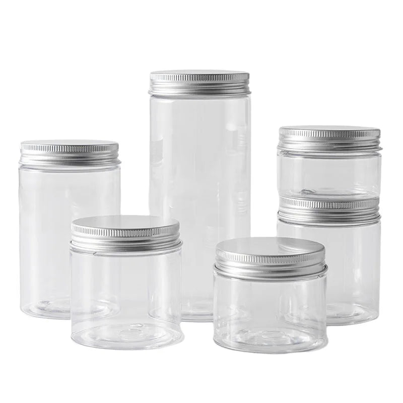 Clear Plastic Jar With Silver Aluminum Lid Empty Cosmetic Container Makeup Cream Box Bottle 50ml 100ml 120ml 200ml 250ml 500ml
