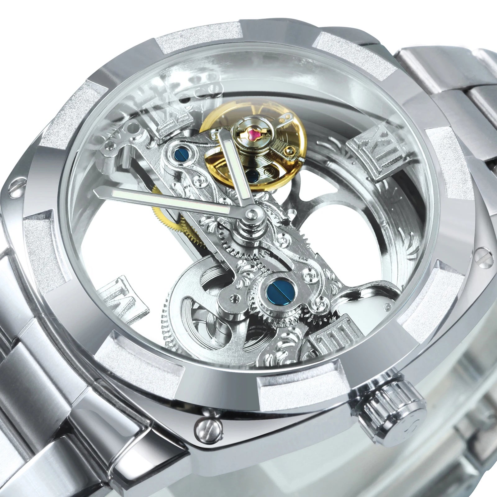 Forsining Watch GMT1165 Men Transparent Design Mechanical Silver Gear Skeleton Stainless Steel Automatic Watches Men