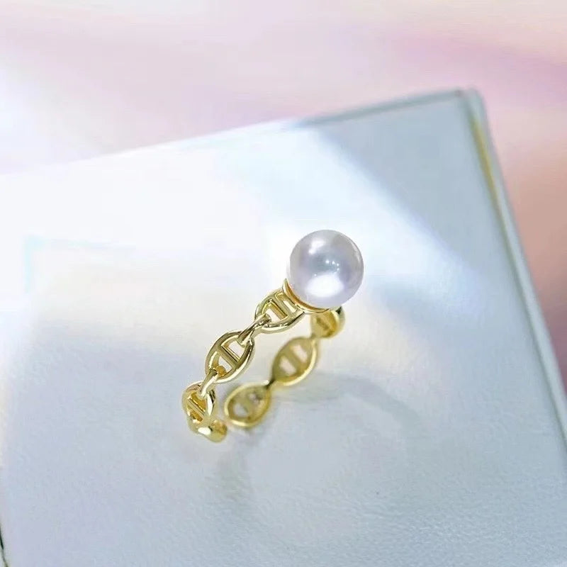 R1176 8-9mm Natural Freshwater Pearl Ring Accessory 925 Sterling Silver Adjustable Size Engagement Jewelry Ring for Women