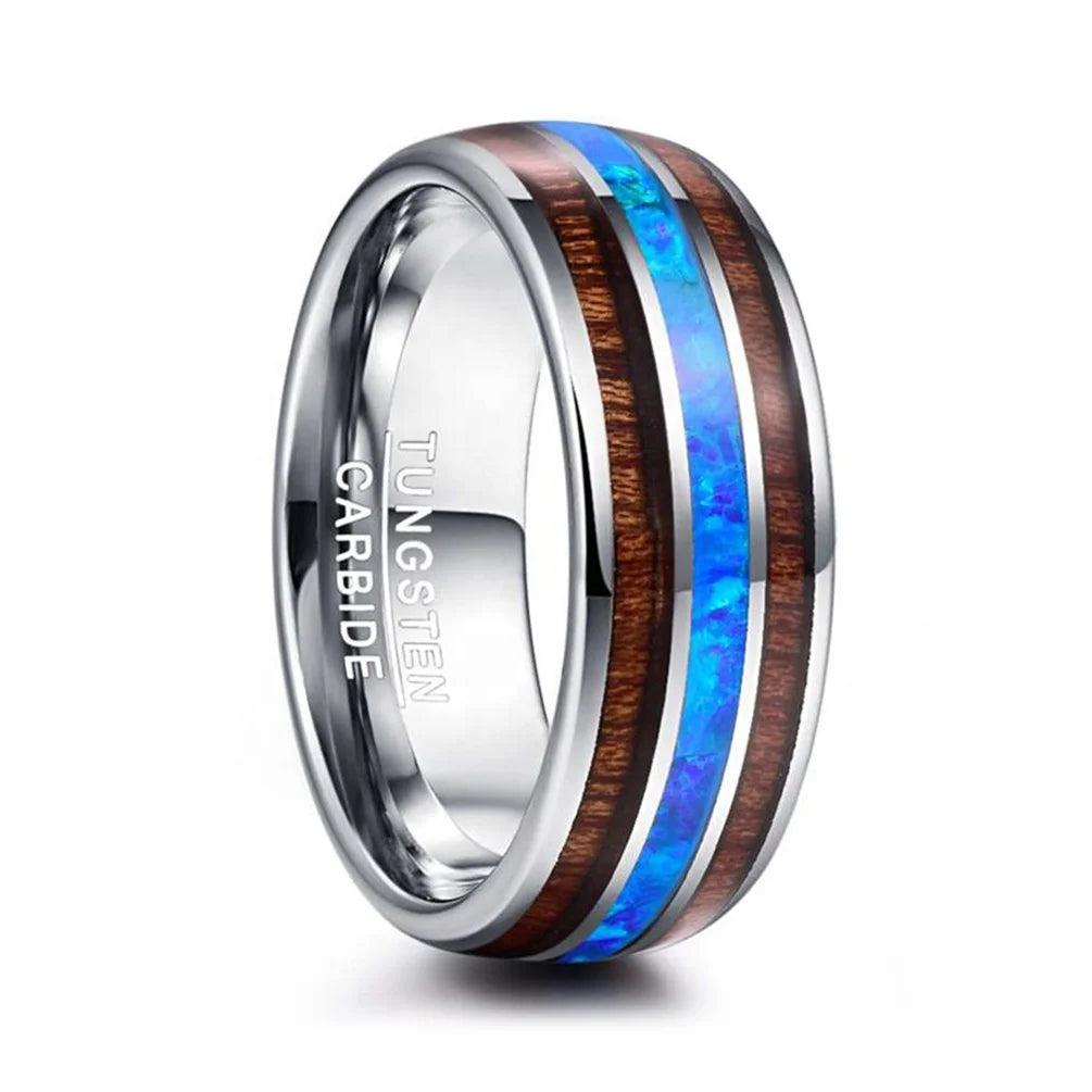 Comfort Fit Wedding Band Tungsten Carbide With Blue Opal and Koa Wood Men Rings Tungsten Jewelry