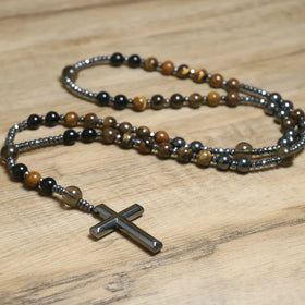 Natural Stone Rosary Necklaces With Natural Onyx Hematite Beaded Catholic Meditation Jewelry Christ Cross Pendant Men Necklace