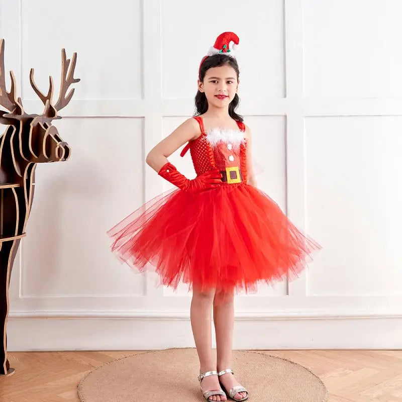 2026 Hot Sale Kids Holiday Party Tutu Dress With Headwear Girls Santa Claus Clothes Children Christmas Red Dress