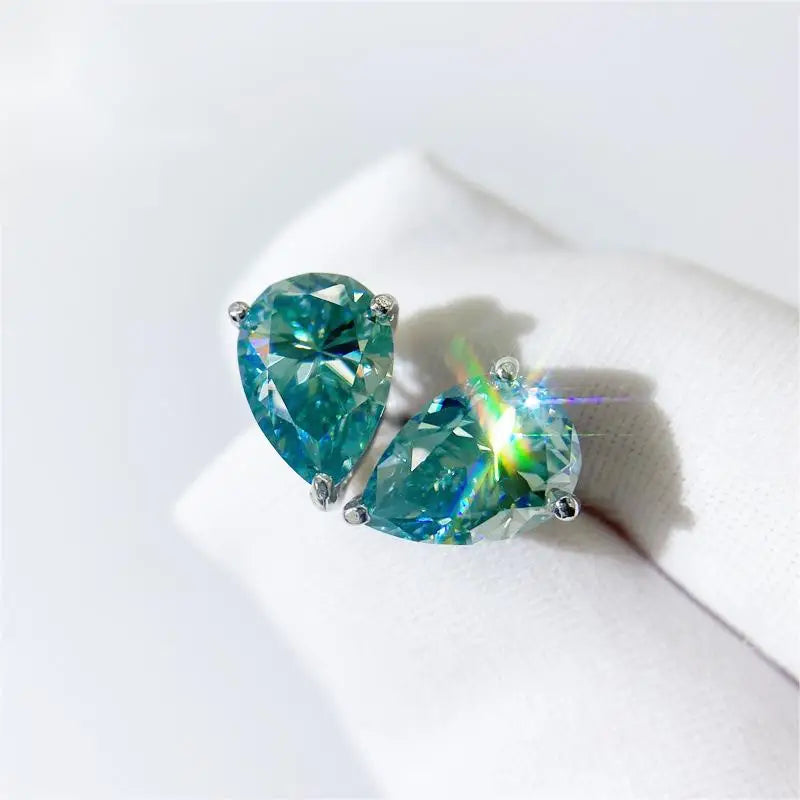 Aimgal GRA Certified Blue-Green Moissanite Stud Earrings Pear Cut D-VVS1 3EX in S925 Silver Plated 18K Gold