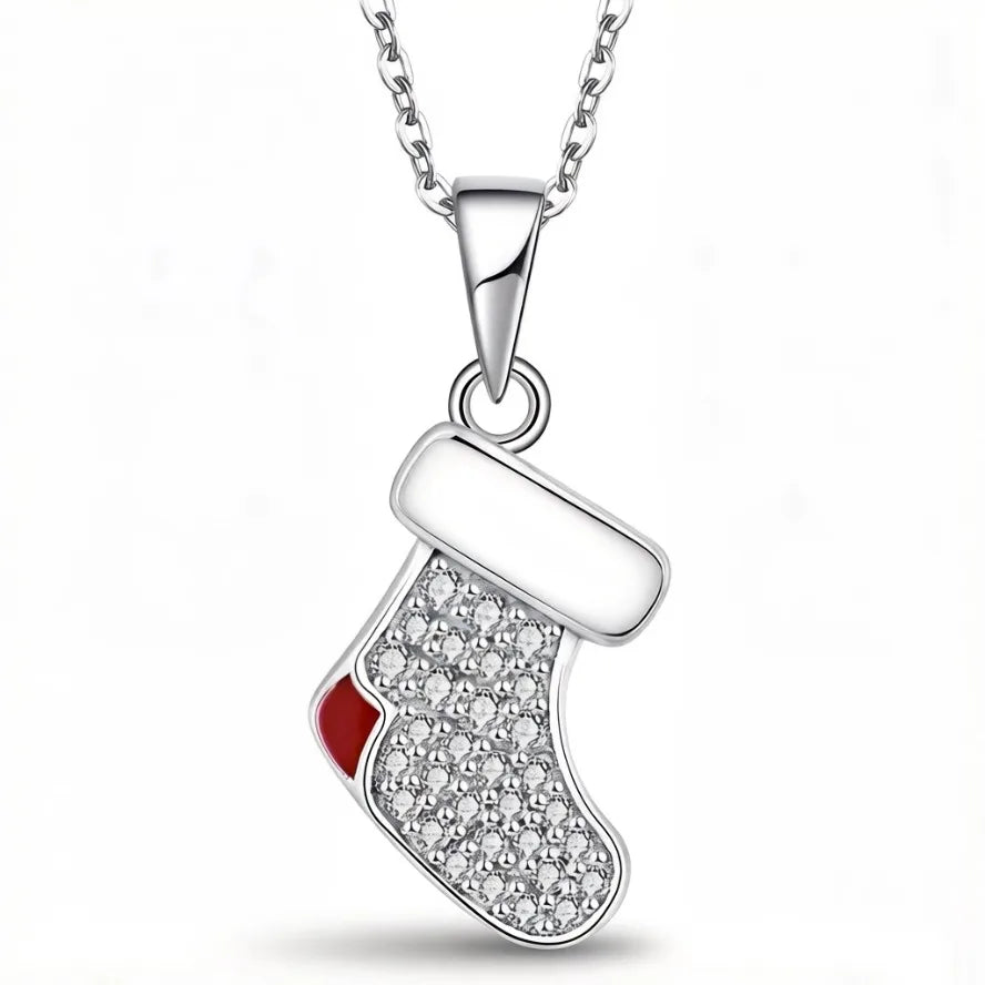 925 Sterling Silver Christmas Stock Pendant Necklace Rhodium Plated Cubic Zirconia and Red Enamel Necklace for Jewelry