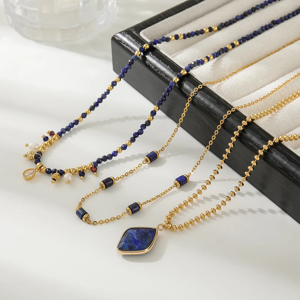 Fashion Trendy Lapis Lazuli Natural Stone Handmade Womens Stones Beaded Necklace Jewelry Jewelry
