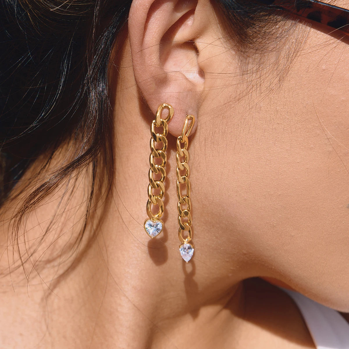 J&D 18K Gold Plate Stainless Steel Earrings Classic Teardrop-shaped Cubic Zirconia Handmade Chain Tassel Earrings