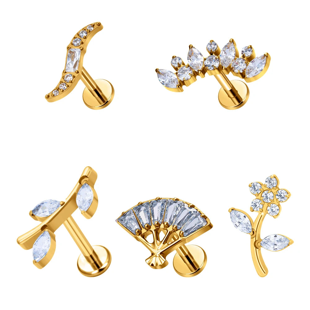 ASTM F136 G23 Titanium Leaves Flower Marquise Fan Shape CZ Inlay Earlobe Nose Stud  Helix Cartilage for Women Body Jewelry