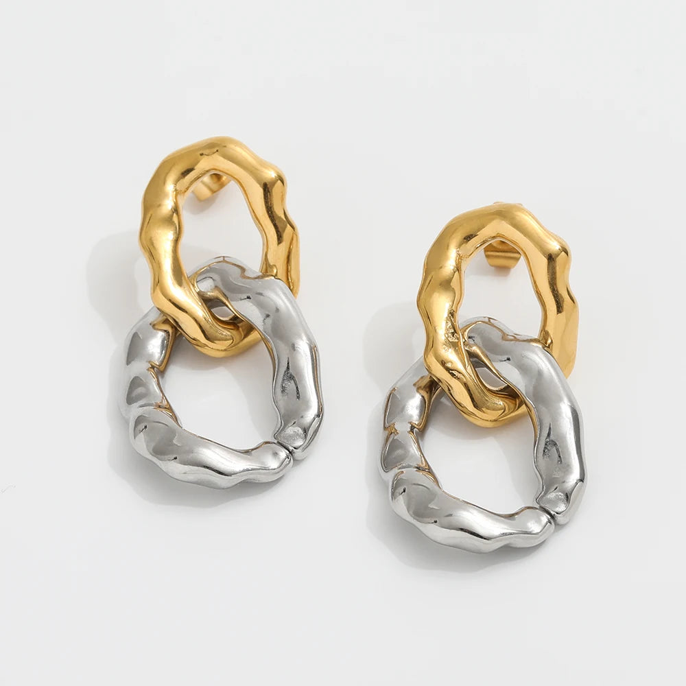 New Trendy High Quality 18K Gold Plated Irregular Mixed Two Tone Gold & Silver Chunky Stainless Steel Dangle Stud Earring