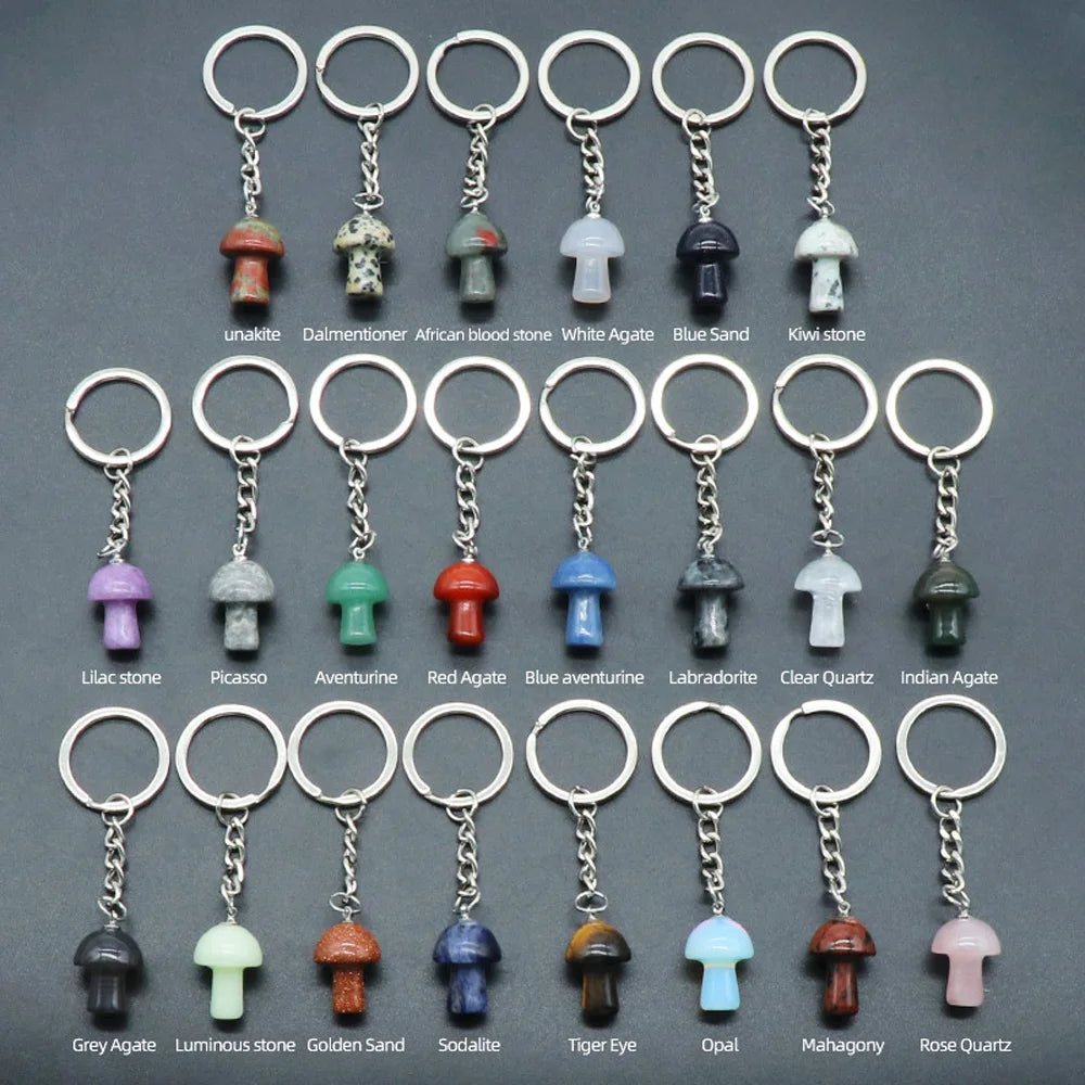 Hot Sales Mixed Stone Mushroom Key Chain Healing Stones Rose Quartz Amethyst Mushroom Key Chain for DIY Gift
