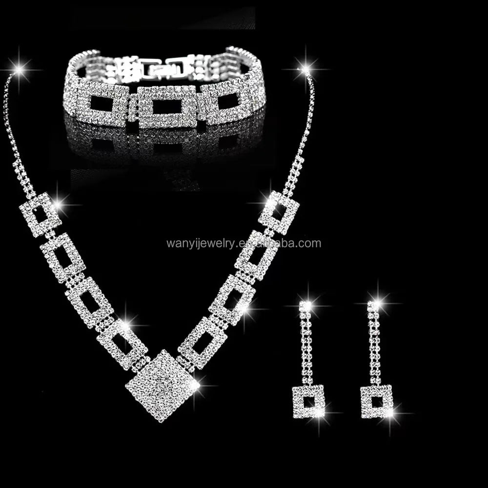 Geometric square Banquet Inlaid with Diamond Ornaments Necklace Earrings Bracelet Three Piece Set Jewelry