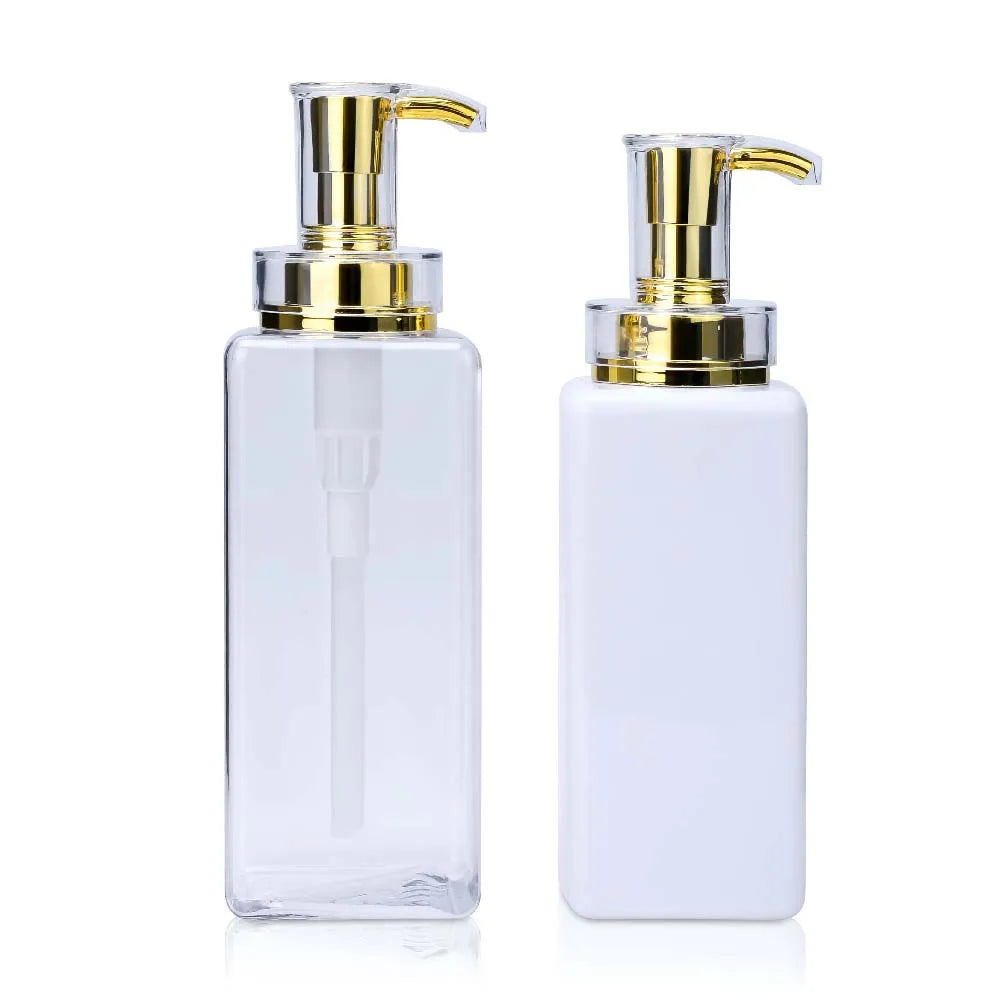 Eco Friendly Luxury Gold Cosmetic Pump Bottle 300ml 500 Ml Clear White Empty Cosmetic Square Pet Shampoo Bottle