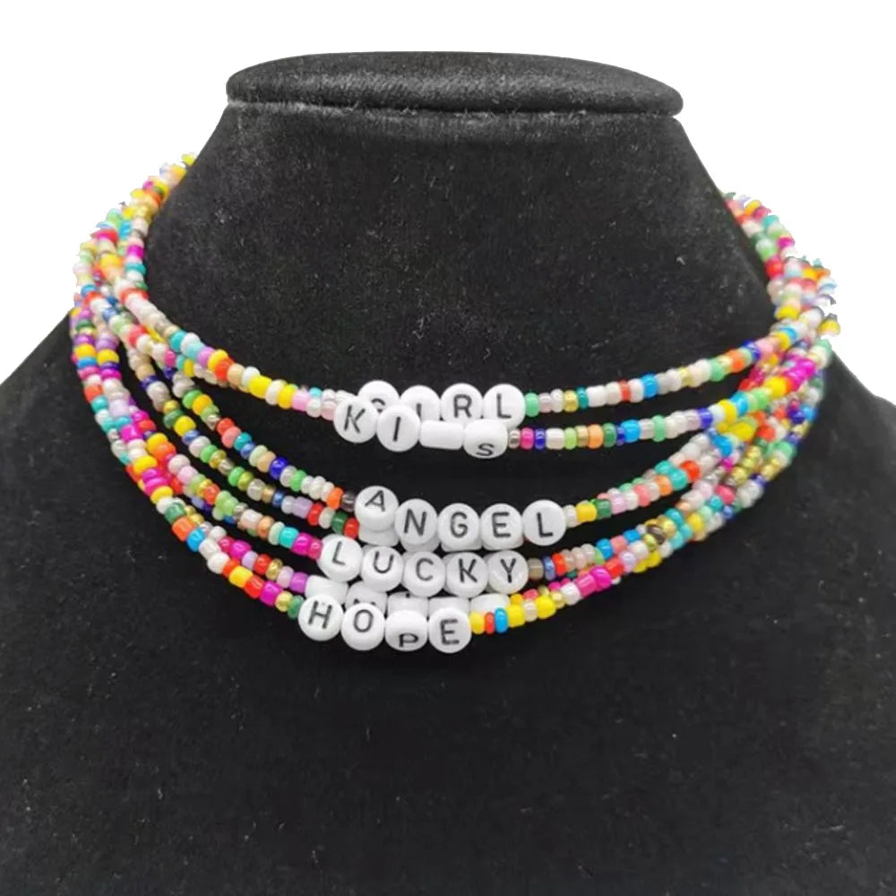 Summer Glass Rice Seed Beads Acrylic Letter Beads Inspire Lucky Smile Angel Moon love Girl Hope Necklace Women Choker Jewelry