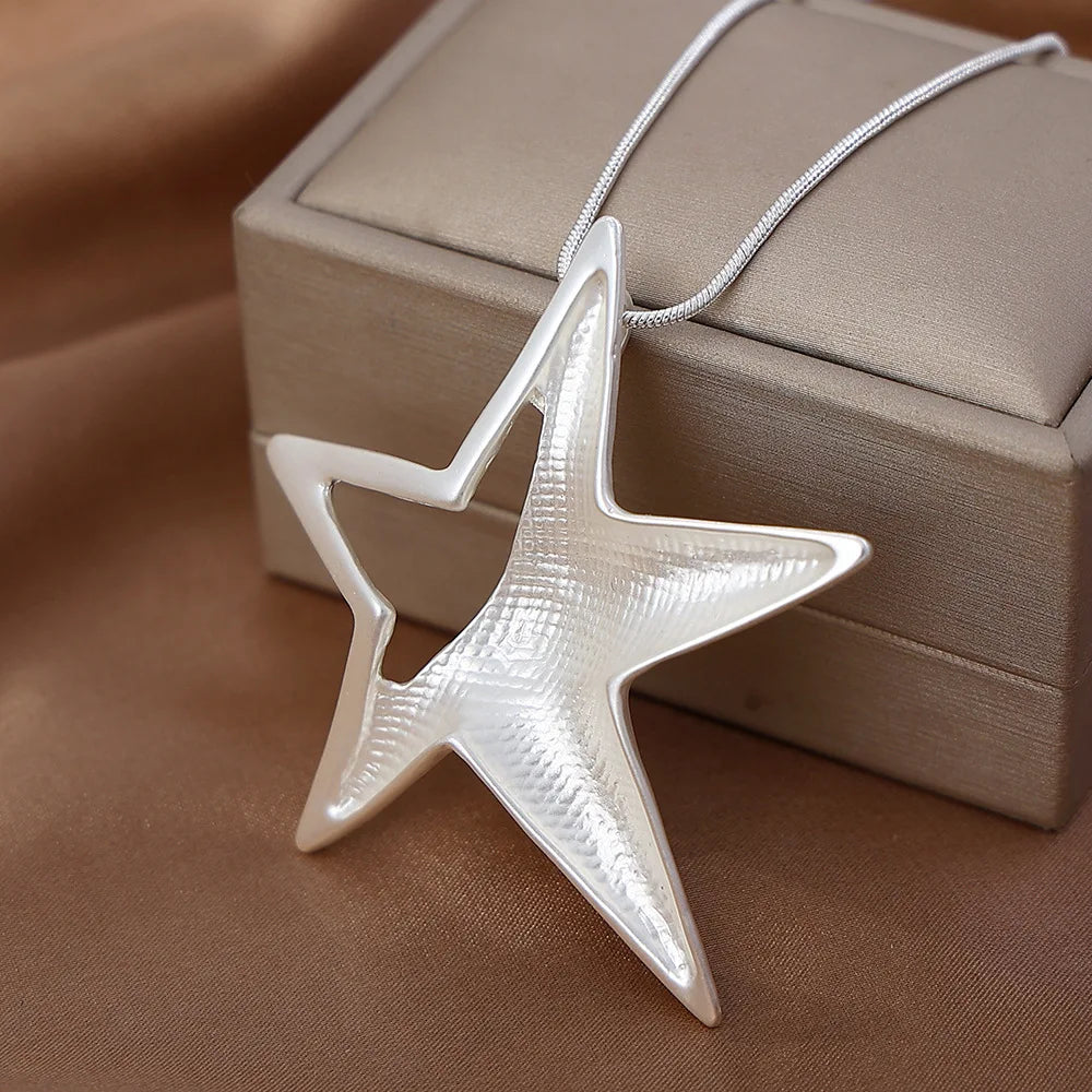 Fashionable Matte Silver Large Star Alloy Pendant Charm Necklace  Fine Jewelry for Women Gifts for Her