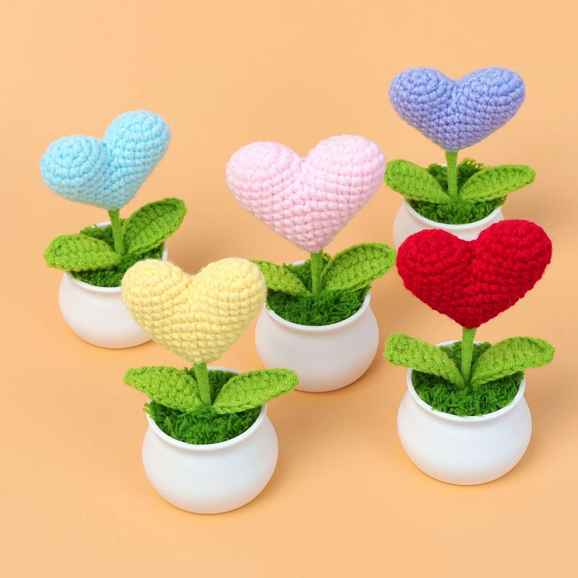 Handmade 5cm Small Crocheted Wool Heart Bouquet Cute Potted Eco-friendly Indoor/Outdoor Decorative Ornaments