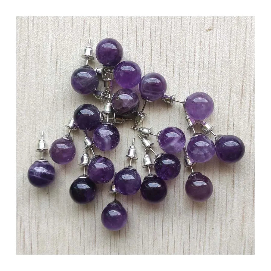 Luxury Amethyst Purple Crystal Ball Stud Earrings Stainless Steel Needle Healing Crystal Gemstone Stud Earrings for Women