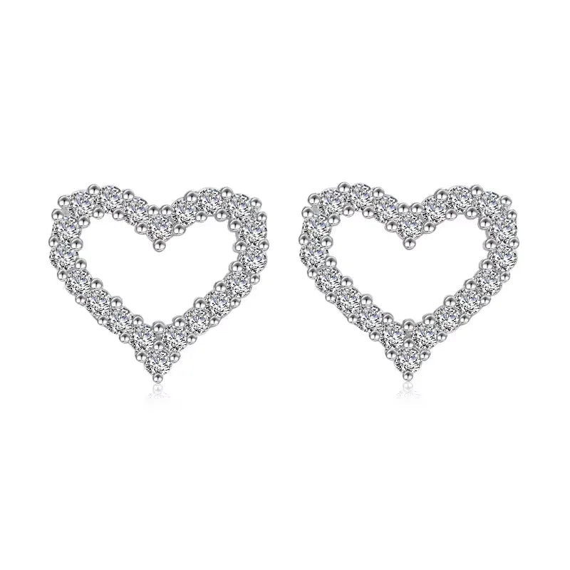 CAOSHI Cute Heart Hollow Design Full Sparkling Zircon Earrings for Exquisite Women Fashion Jewelry Silver Plated Stud Earrings