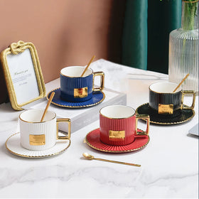 Chaozhou Supplier Home Restaurant Latte Cup Nordic Gold Rim Luxury Ceramic Coffee Cup and Saucer With Spoon