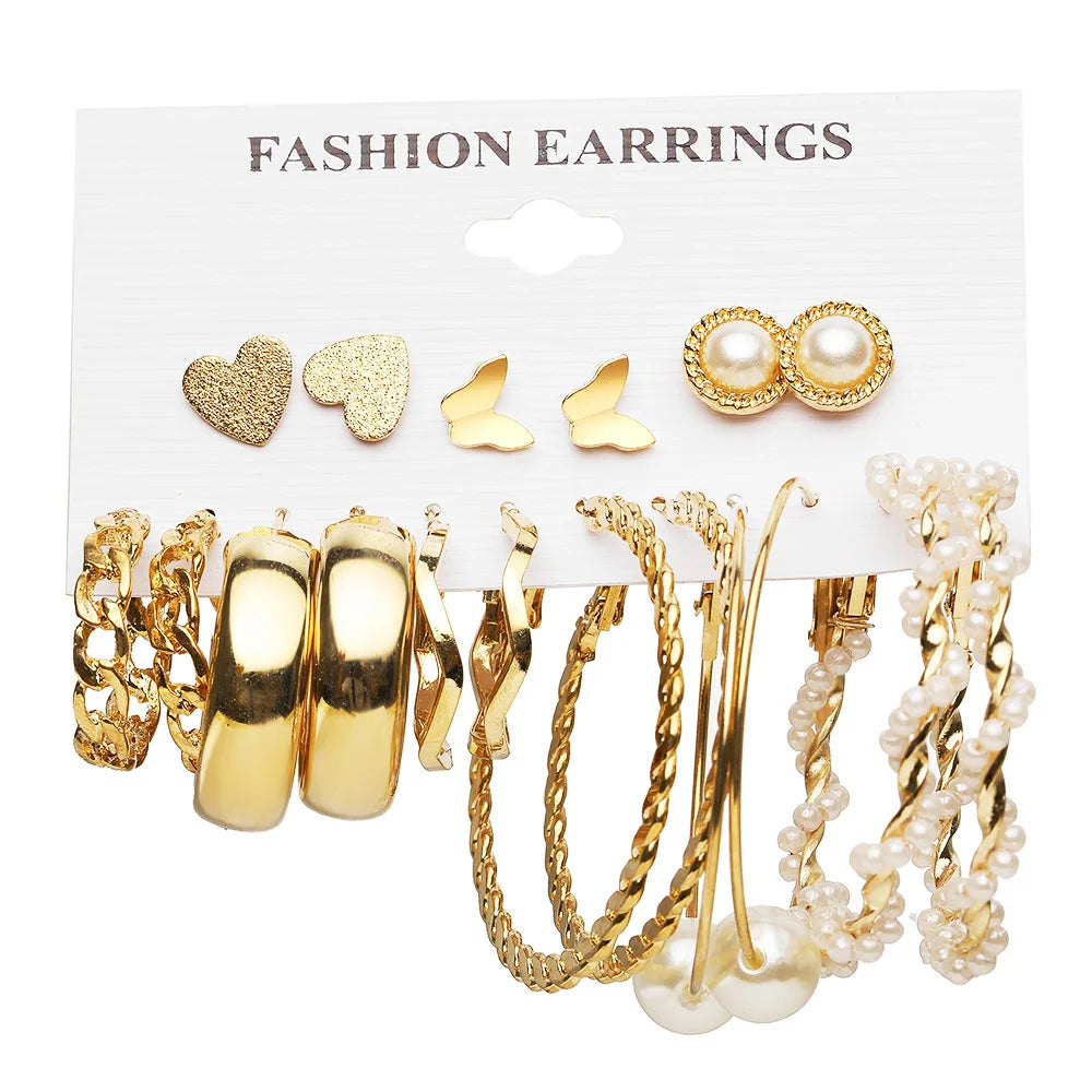 Pearl Earring Set Metal Ear Drop Butterfly Circle Geometric Vintage Earring for Women Bohemian Tassel Drop Ear Stud Set Jewelry