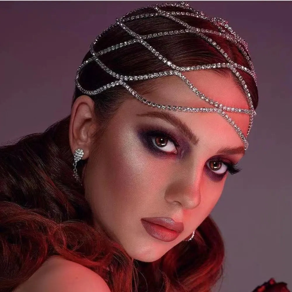 Trendy Hot Selling 2022 Fashion Hair Jewelry Exaggerated Crystal Layered Glitter Bling Rhinestone Mesh Hair Chain