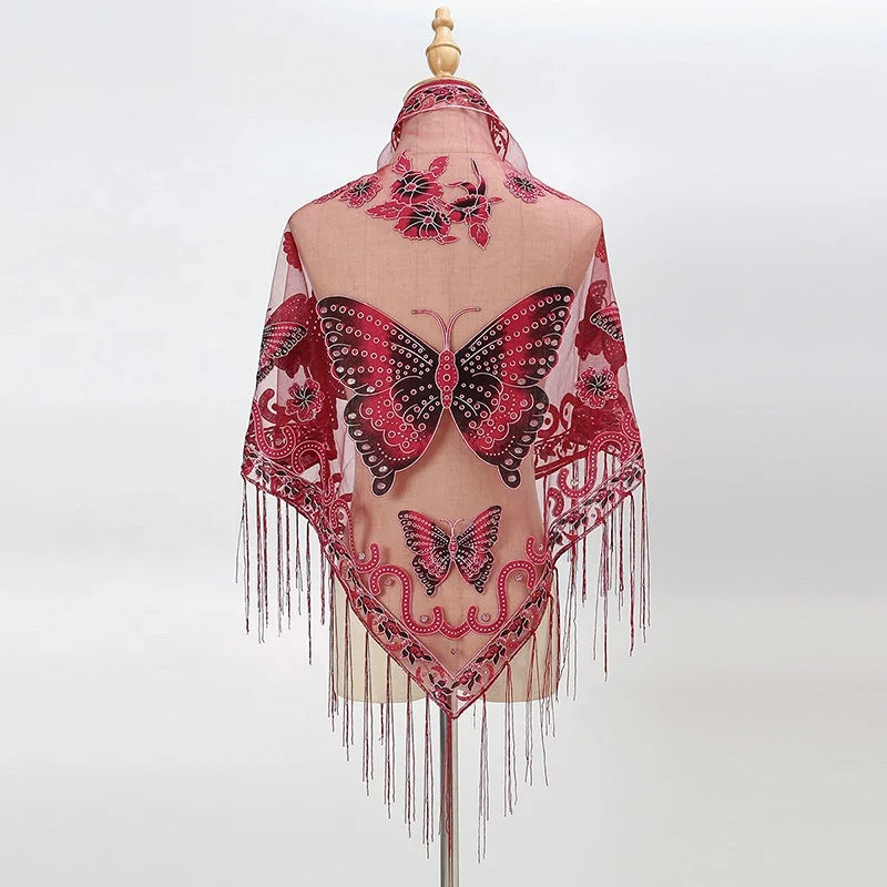 Cheap New Multicolored Transparent Lace Embroidered Butterfly Pattern Triangle Scarf Shawl with Fringe for Women