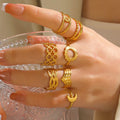 Wholesale Fashion Stainless Steel Bohemian Luxe Intricate Layered Chain-Link and Crescent Moon Gold Plated Rings for Women