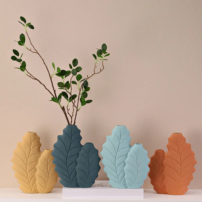 Nordic Style Creative Leaf-Shaped Ceramic Vase Morandi Colors for Fresh Dried Flower Arrangements Matt Cross-Border Decoration