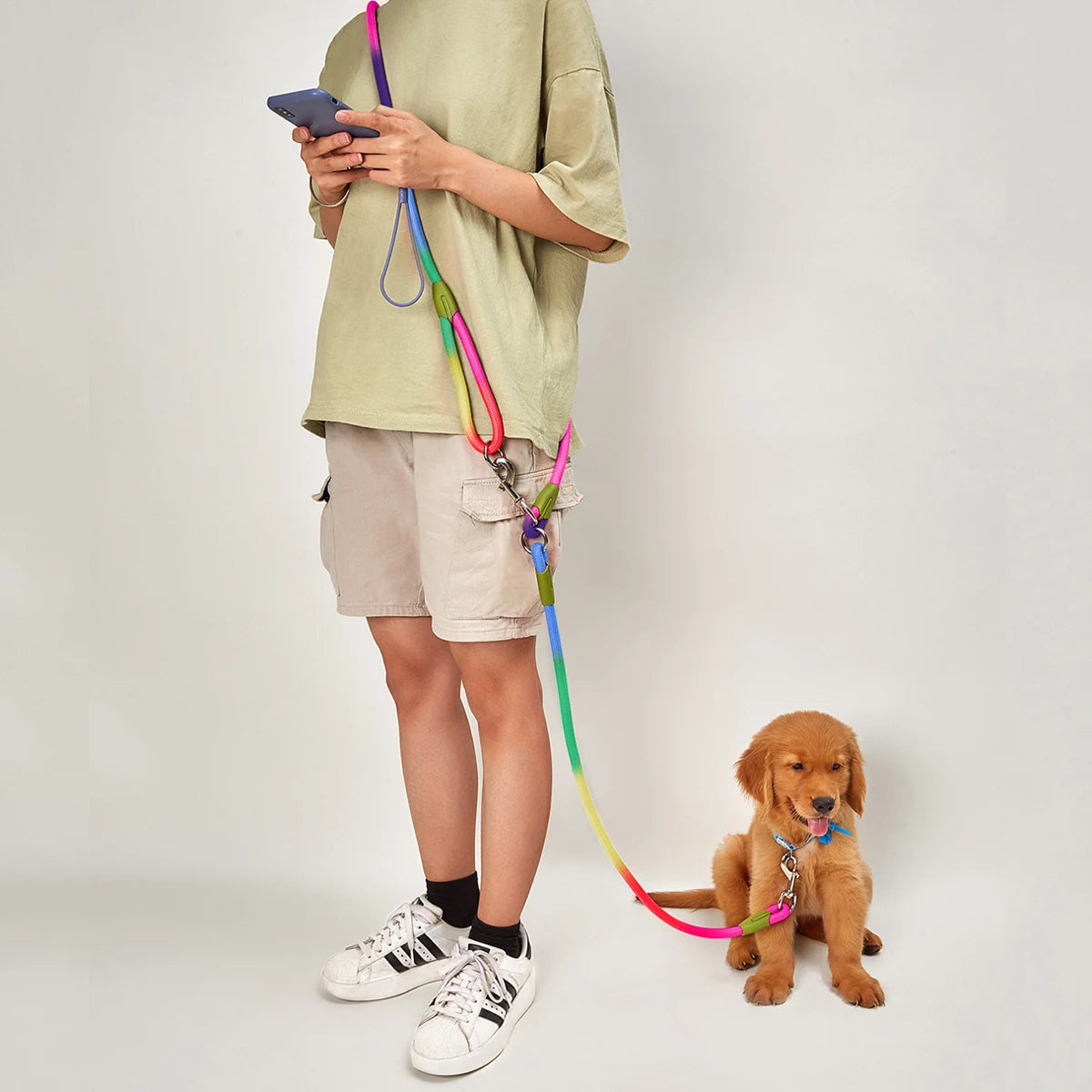 Reflective Striped Nylon Dog Leashes with Chain Traction Rope for Running Free Hands for Small & Large Dogs