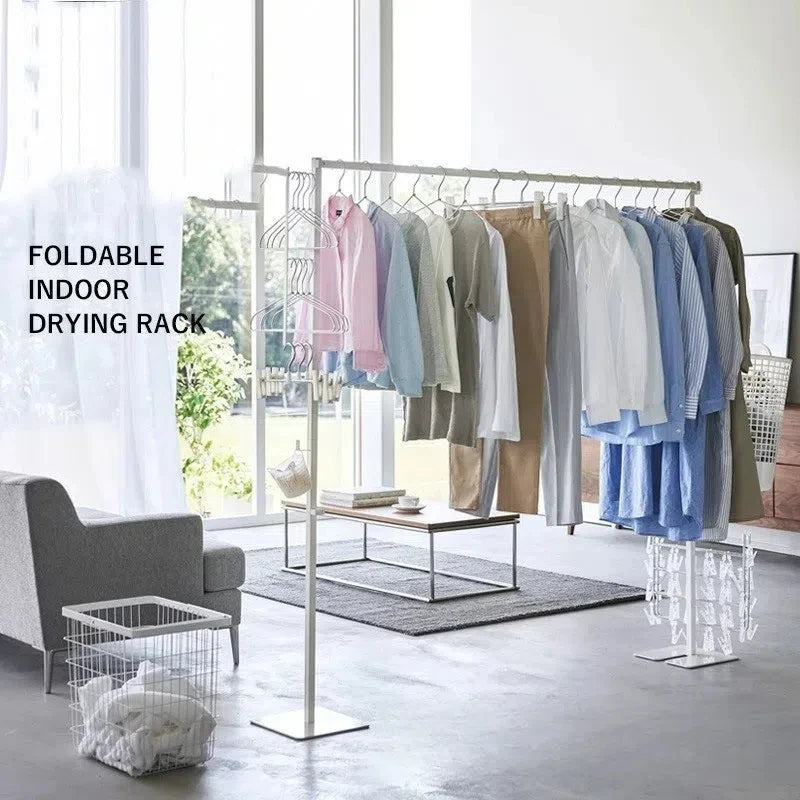 Indoor Home Folding Single-Pole Multifunction Drying Clothes Rack Living Room Floor Storage Hanger with Storage Features