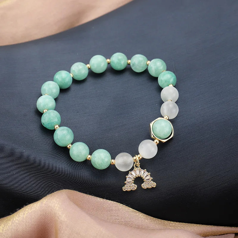Luxury String Beads Natural Freshwater Pearl Burmese Jade Beaded Natural Round Jade Rainbow Charm Pendant Adjustable Bracelet