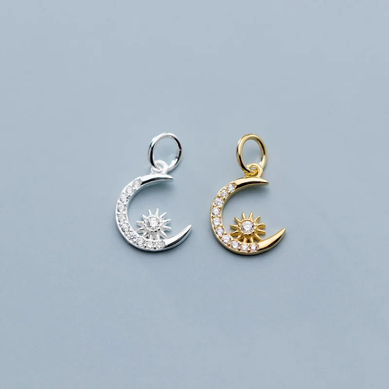 9mm Tiny 925 Sterling Silver Pave Cz Crescent Moon and Star Charms for Jewelry Making