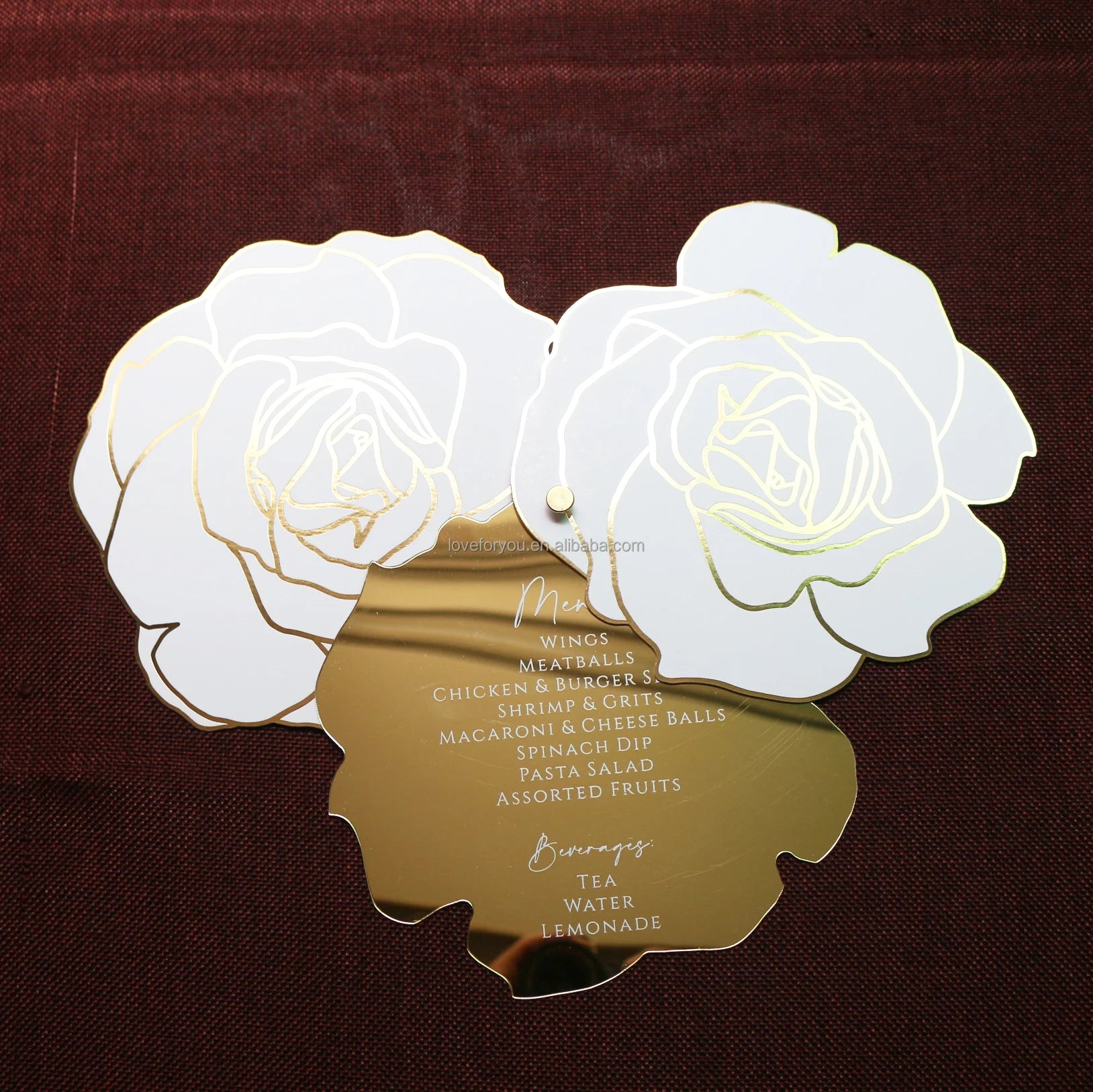 Gold Mirror Acrylic Menu Wedding with White Wording Gold Foil Floral Shape Menu Card