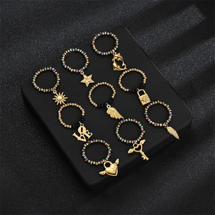 Newest Design Beaded Crystal Rings Natural Stone Jewelry Stainless Steel Gold Plated Wing Cross Charms Women Finger Ring Jewelry