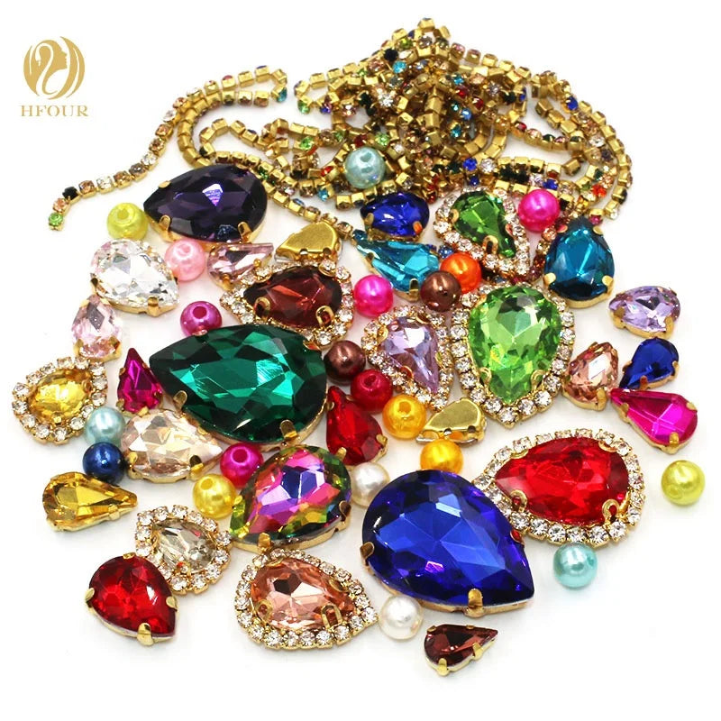 Wholesale Mixed Color 3D Crystal Rhinestones Mixed Pearl Cup Chain in Glass Material Sew-On Technique for DIY Loose Rhinestones