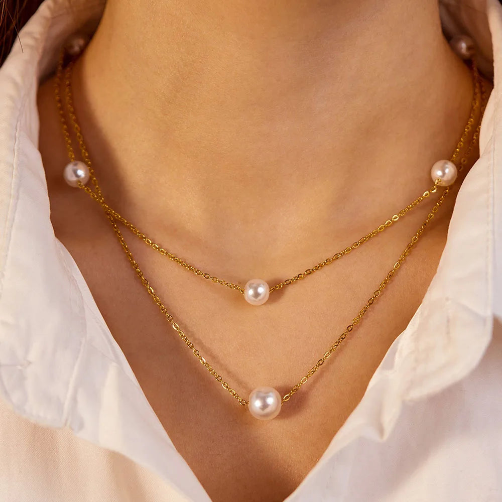 Ouj Elegant Dainty Double Layered 18K Gold Plated 316L Steel Imitation Pearl Charm Link Chain Choker Necklaces for Women