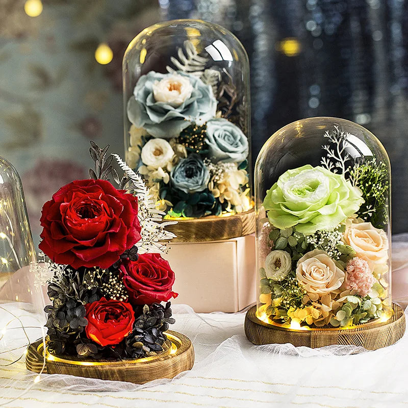 LED Gift Forever Roses Preserved Flower in Glass Dome Valentines Day Mothers Day Gift Box Preserved Flower