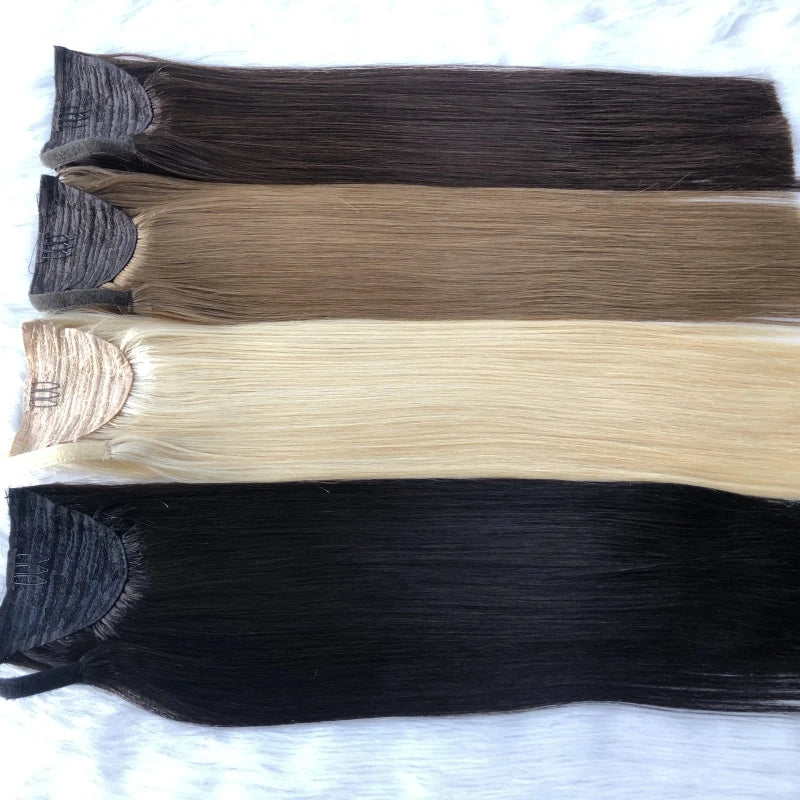 Cuticle Aligned 100% Chinese Virgin Human Hair Pieces With Comb Wrap Around Ponytail Hair Extensions