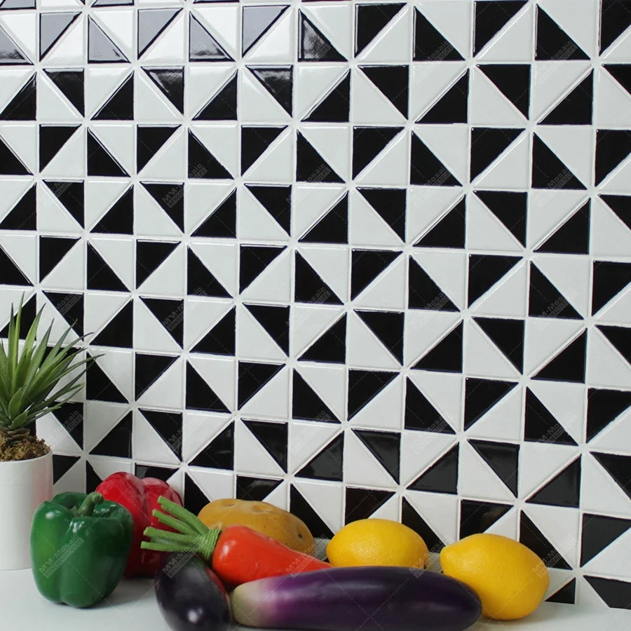 2" Glazed Glossy Windmill Pattern Black and White Triangle Ceramic Mosaic Tiles for Backsplash Wall Interior Design MegaBDM
