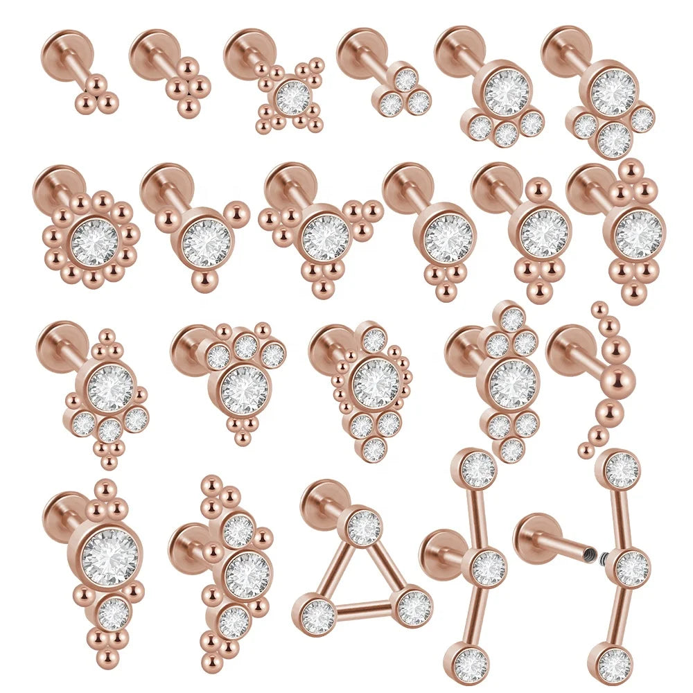 316L Surgical Steel 16G Rose Gold CZ Labret Lip Ring Crystal Cluster Ear Cartilage Tragus Helix Daith Piercing Jewelry Fashion