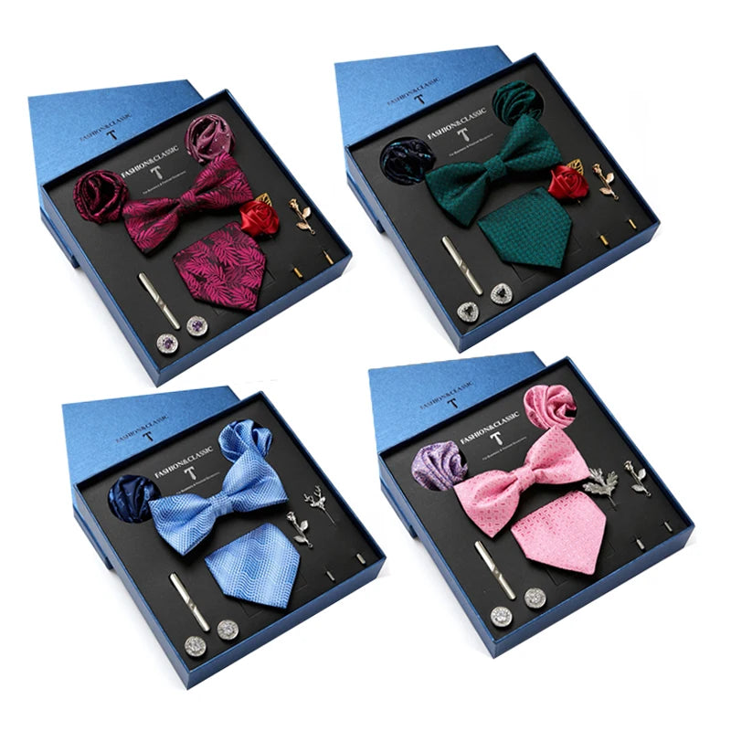 Green Mens Tie Gift Box Paisley Silk Tie Bowtie Pocket Square Brooch Cufflinks Clip Pin 8pcs Suits for Man Gravata Party Wedding