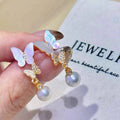 Natural Shell Inlaid Double Butterfly Stud Earrings 6-7mm Natural White Bread Freshwater Pearl Gold Plated AAAA Trendy Pearl