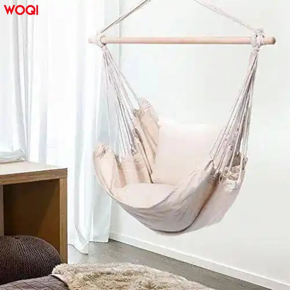 WOQI Portable Cotton Hanging Hammock Chair with 2 Cushions Metal Bar for Camping Outdoor Comfortable Swing with Hanging Rope