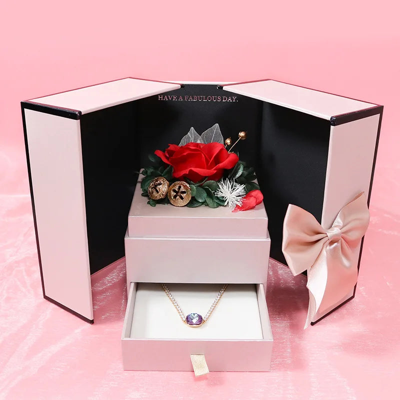Stylish and Romantic pink Double Door Necklace Jewelry Box Rose Pull with Floral Ring Jewelry Box