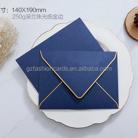 Cheap Blue Wedding Envelope with Gold Foil Border V Flap Pearl Paper Greeting Card Invitation Envelope