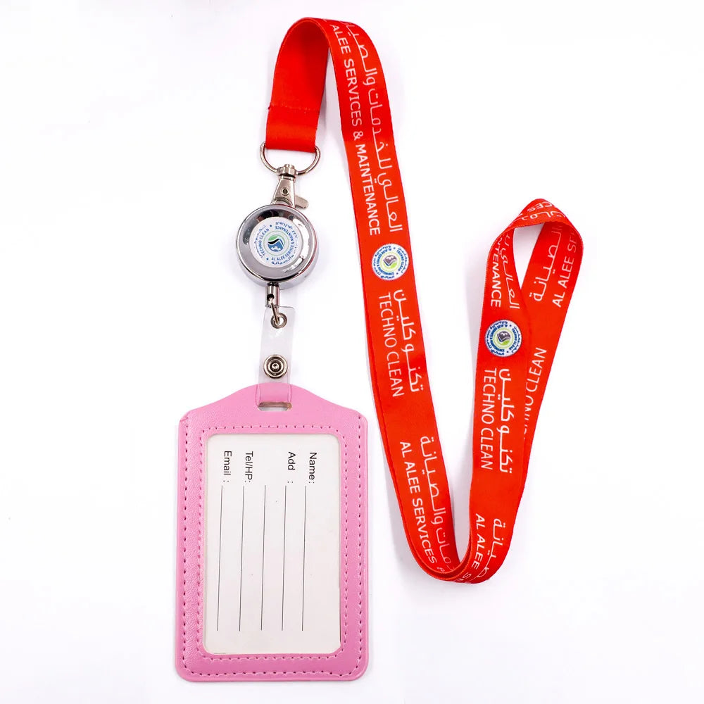 Design Custom Social Worker Heat Press Transfer Sublimation Automatic Lanyard with Leather Id Card Holder
