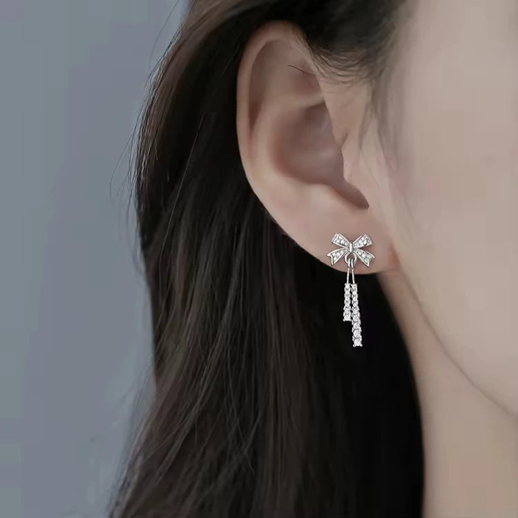 Women Jewelry 925 Sterling Silver Rhodium Plated Zircon Bow Knot Tassel Stud Earrings