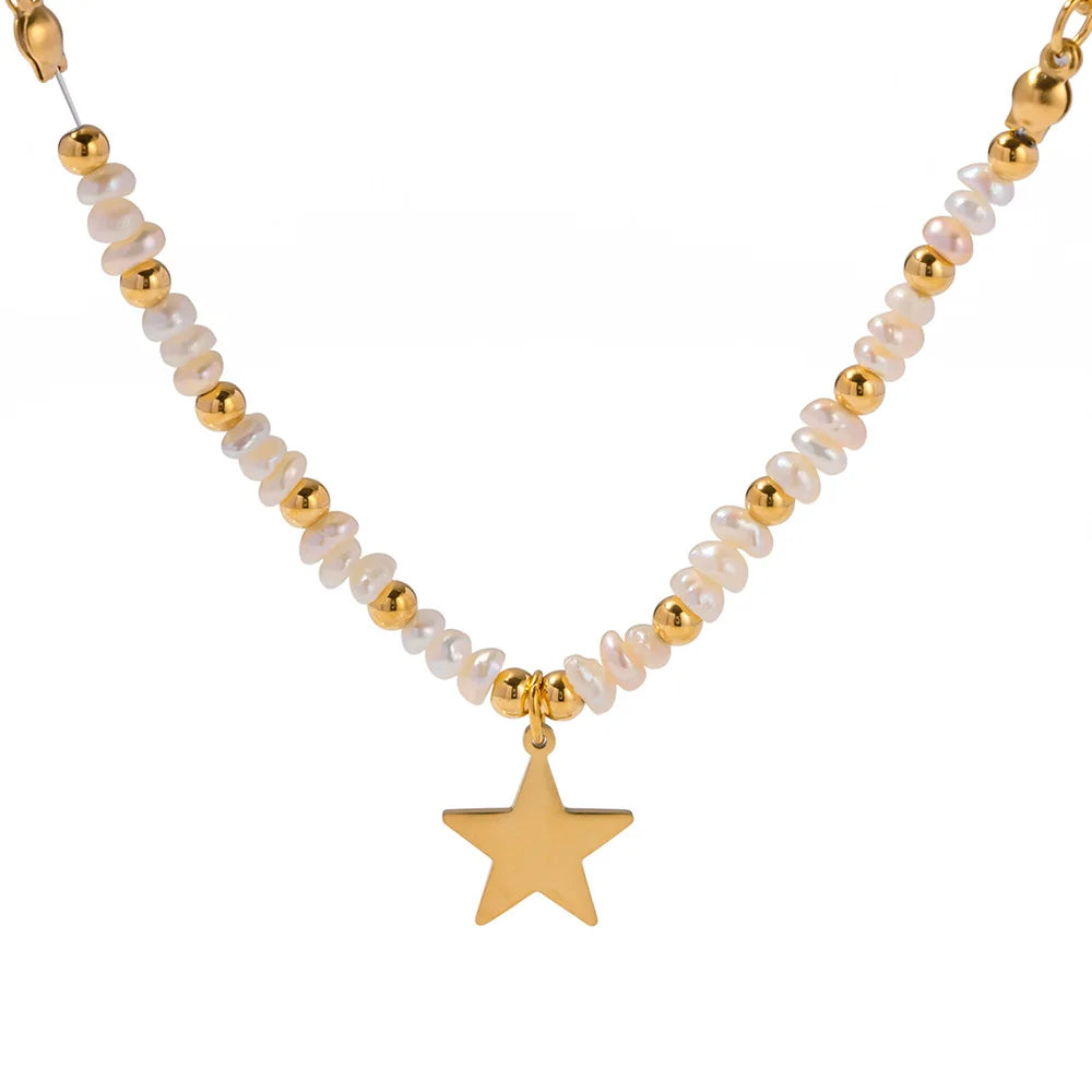 PVD 18k Gold 316l Stainless Steel Waterproof Jewelry Natural Freshwater Pearl Necklace Rice Beads Star Choker Necklace Unisex